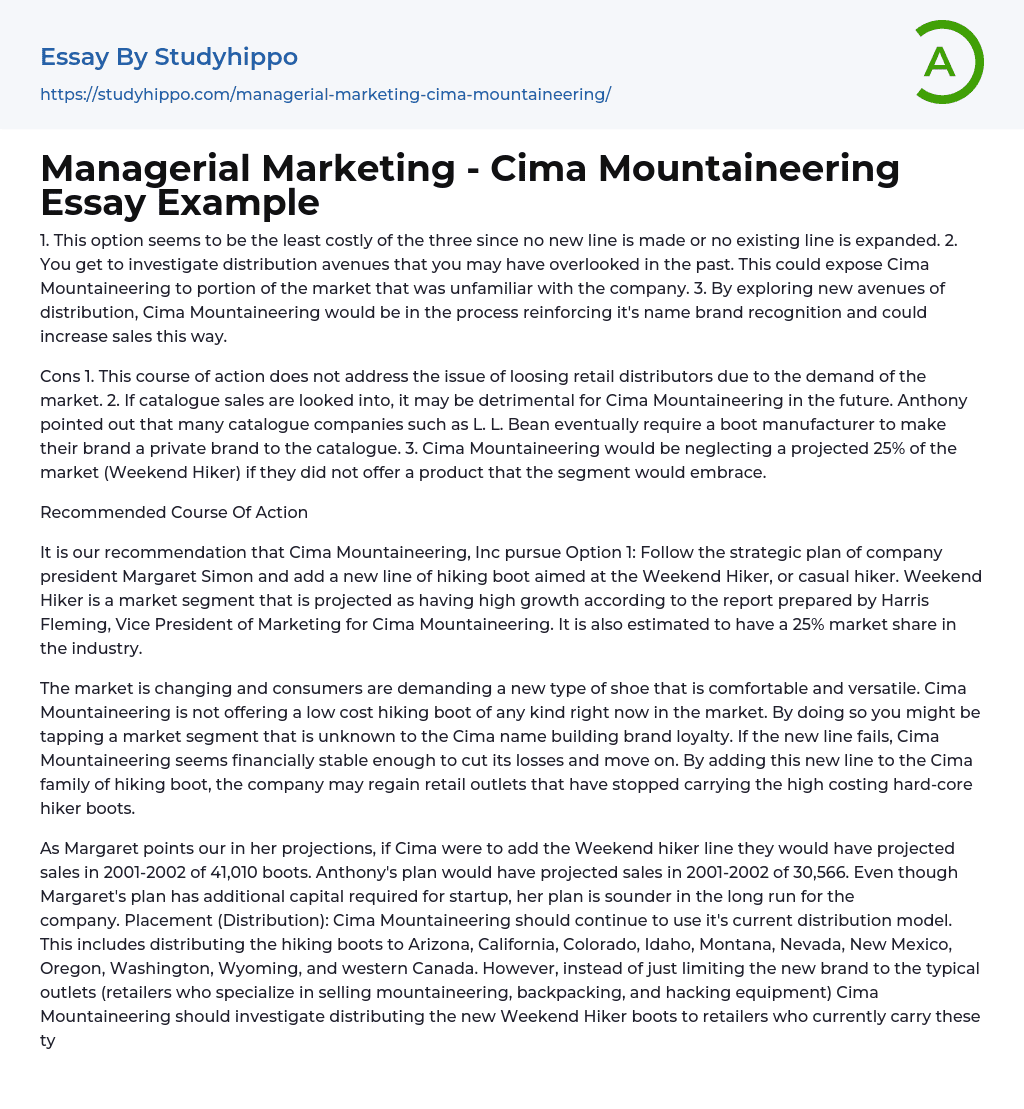 Managerial Marketing – Cima Mountaineering Essay Example