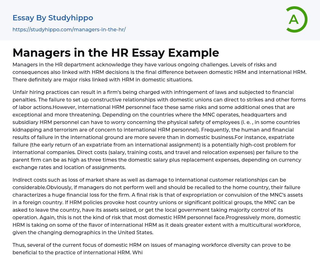 Managers in the HR Essay Example