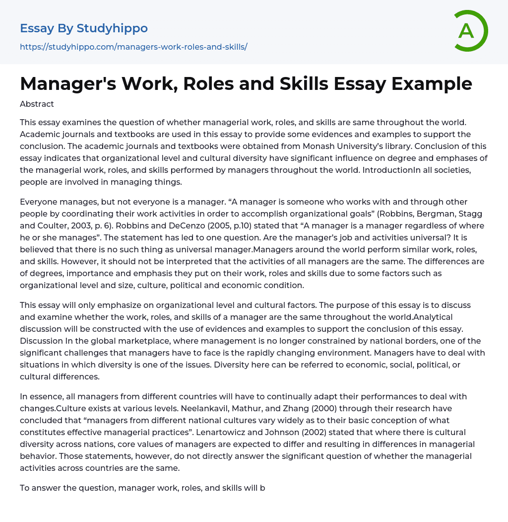 Manager’s Work, Roles and Skills Essay Example
