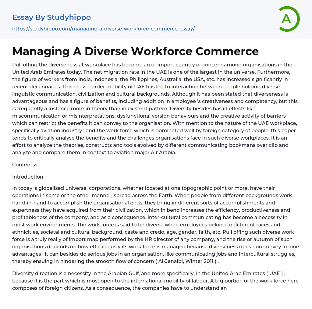 Managing A Diverse Workforce Commerce Essay Example