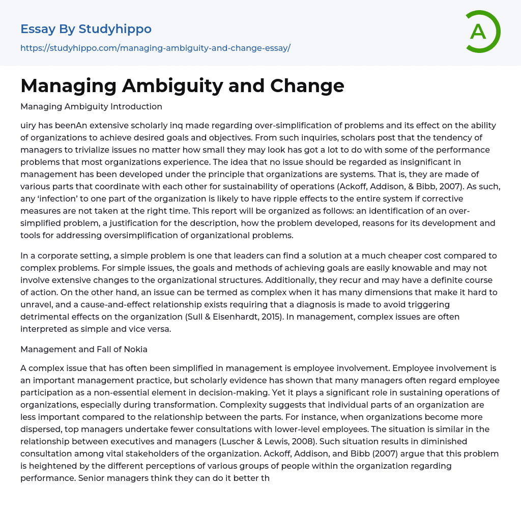 Managing Ambiguity and Change Essay Example