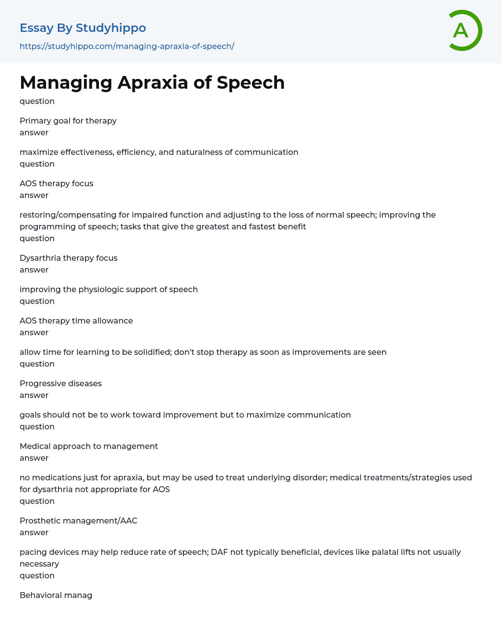 Managing Apraxia of Speech Essay Example