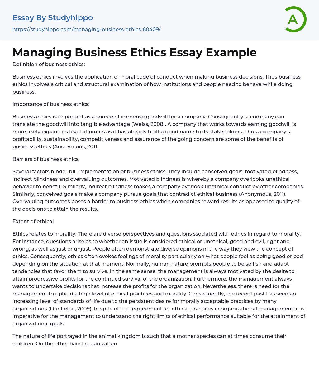 Managing Business Ethics Essay Example