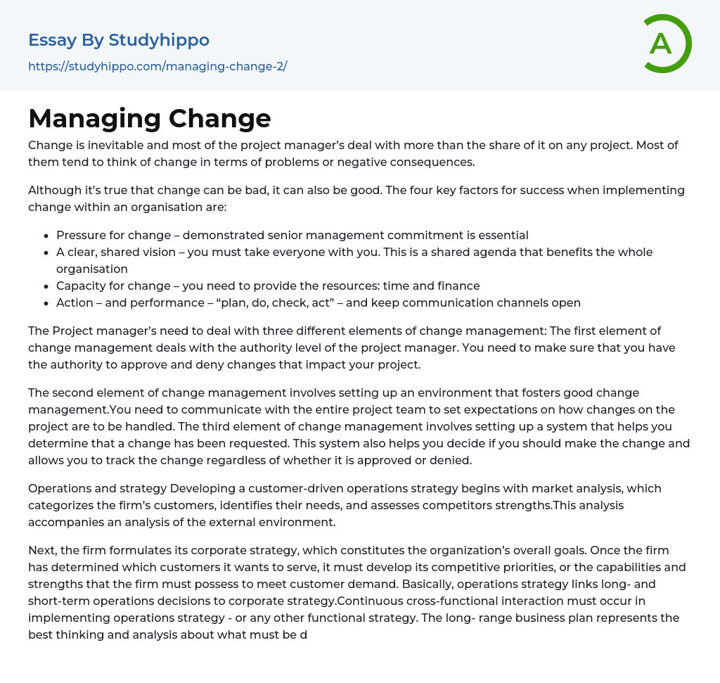 Managing Change Essay Example
