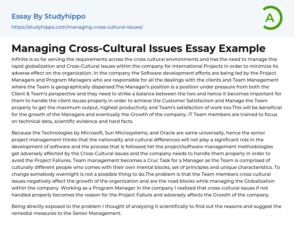 Managing Cross-Cultural Issues Essay Example
