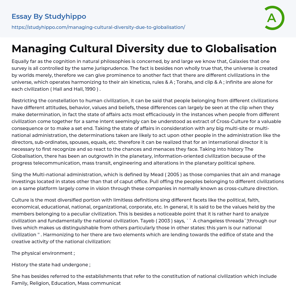 Managing Cultural Diversity due to Globalisation Essay Example