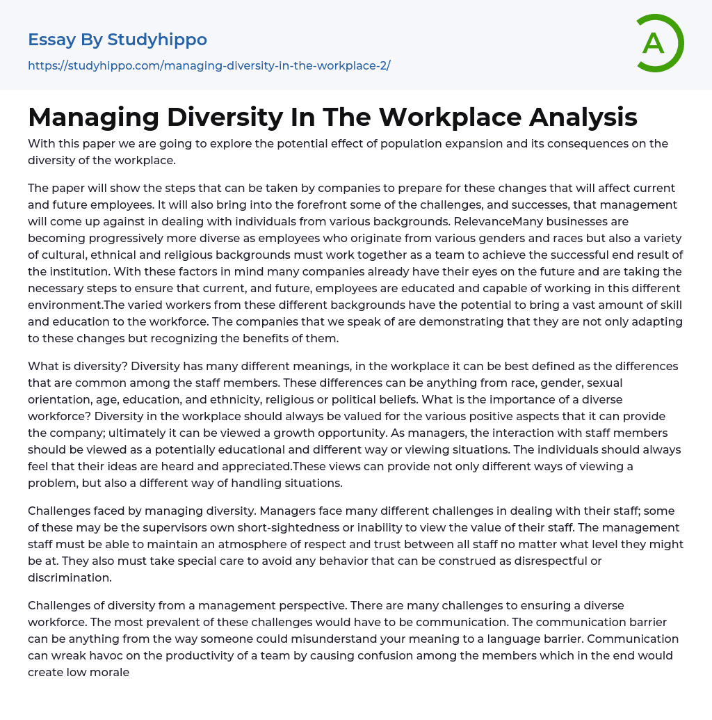 Managing Diversity In The Workplace Analysis Essay Example