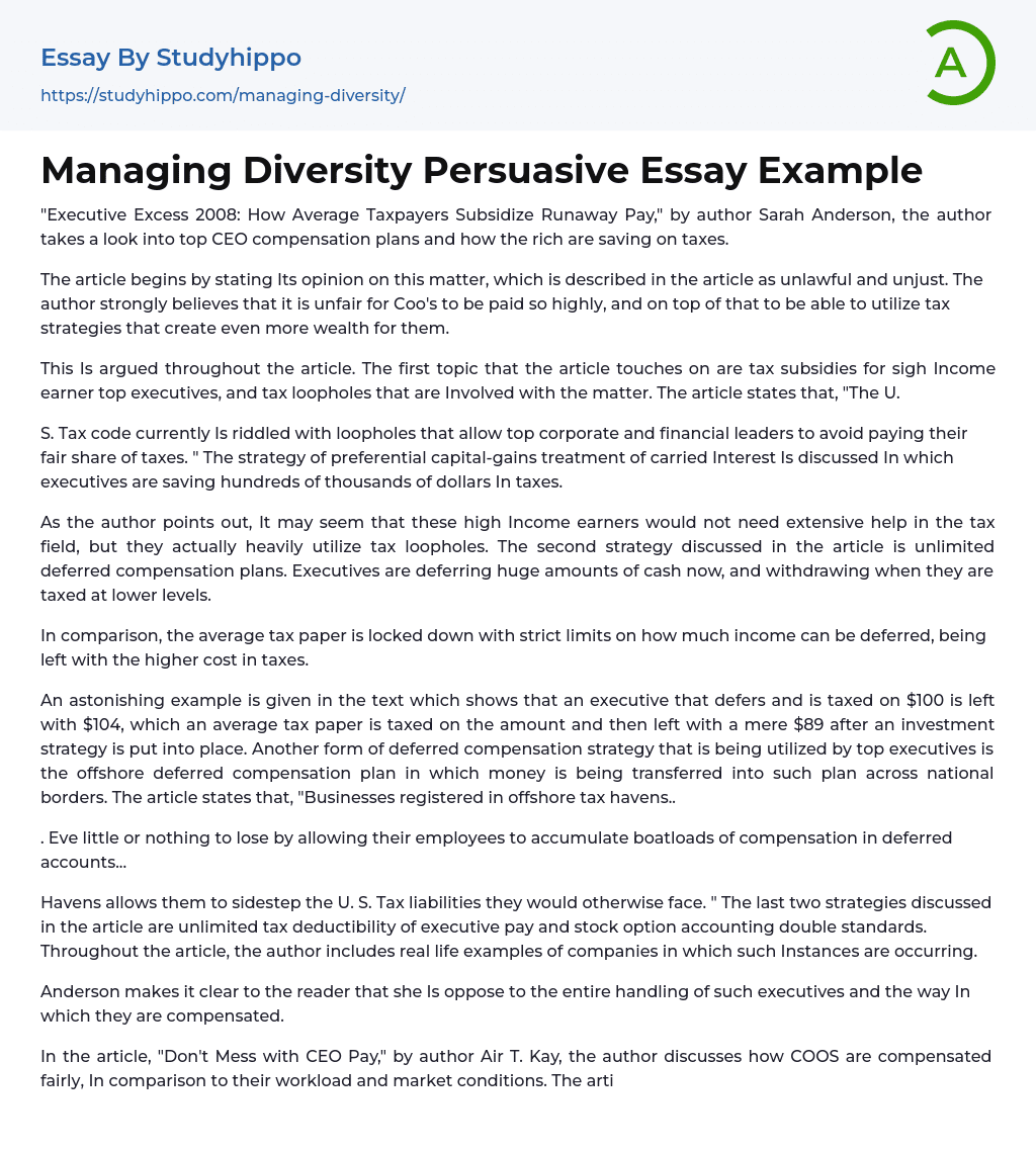Managing Diversity Persuasive Essay Example