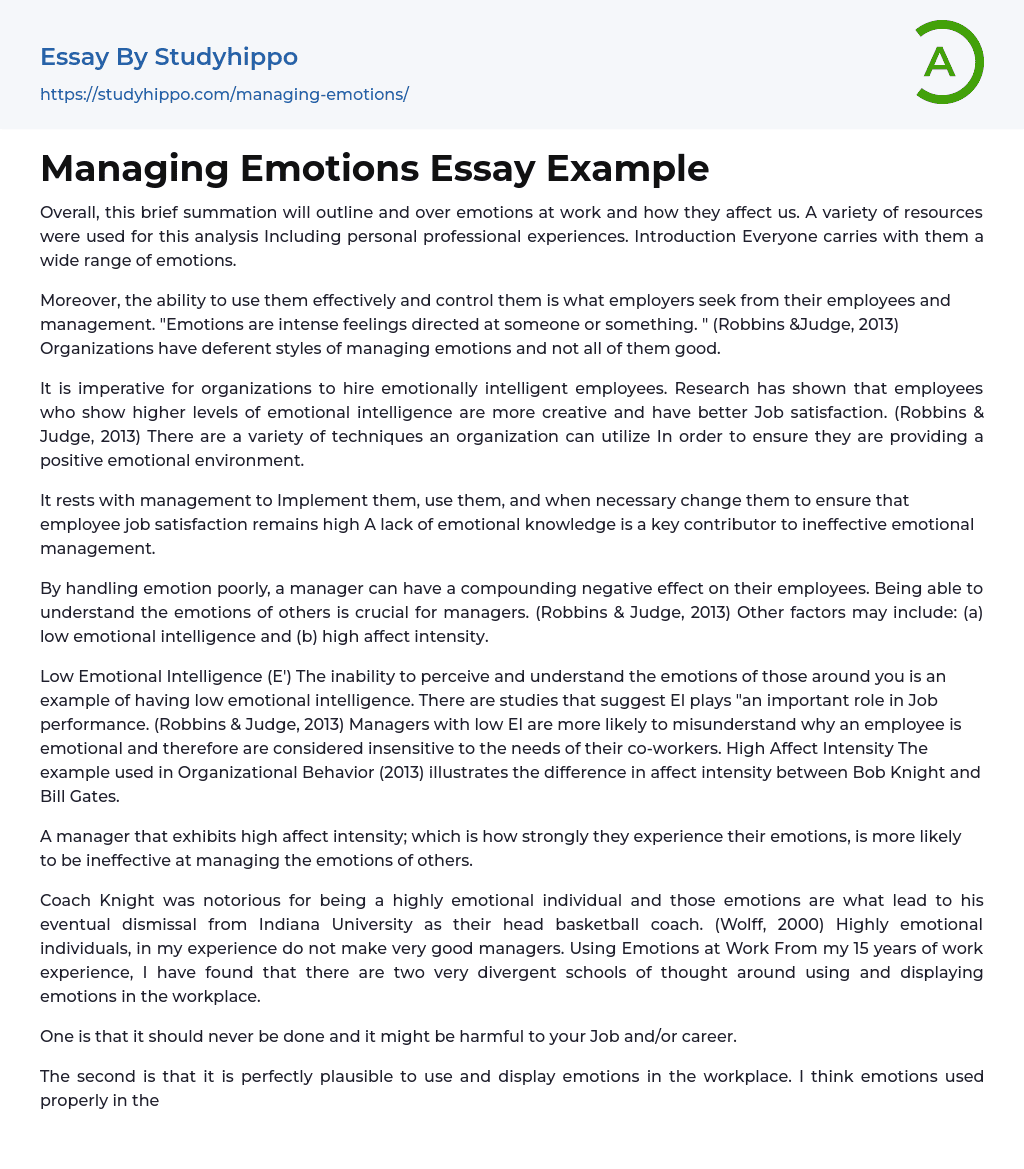 Managing Emotions Essay Example