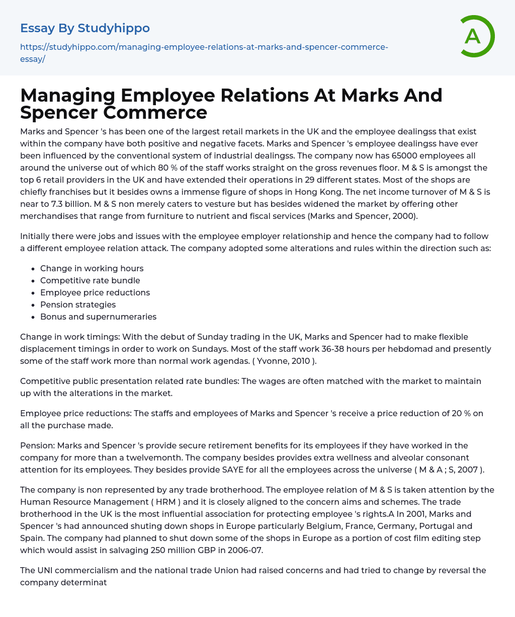 Managing Employee Relations At Marks And Spencer Commerce Essay Example