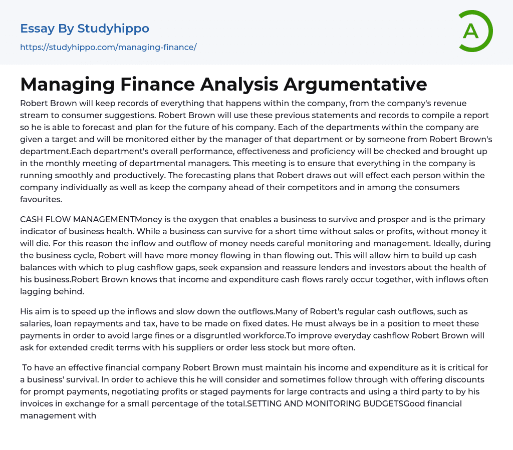 Managing Finance Analysis Argumentative Essay Example