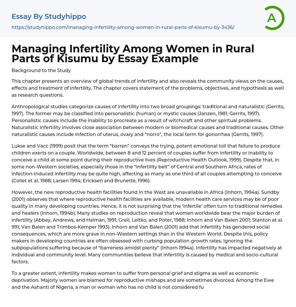 Managing Infertility Among Women in Rural Parts of Kisumu by Essay Example