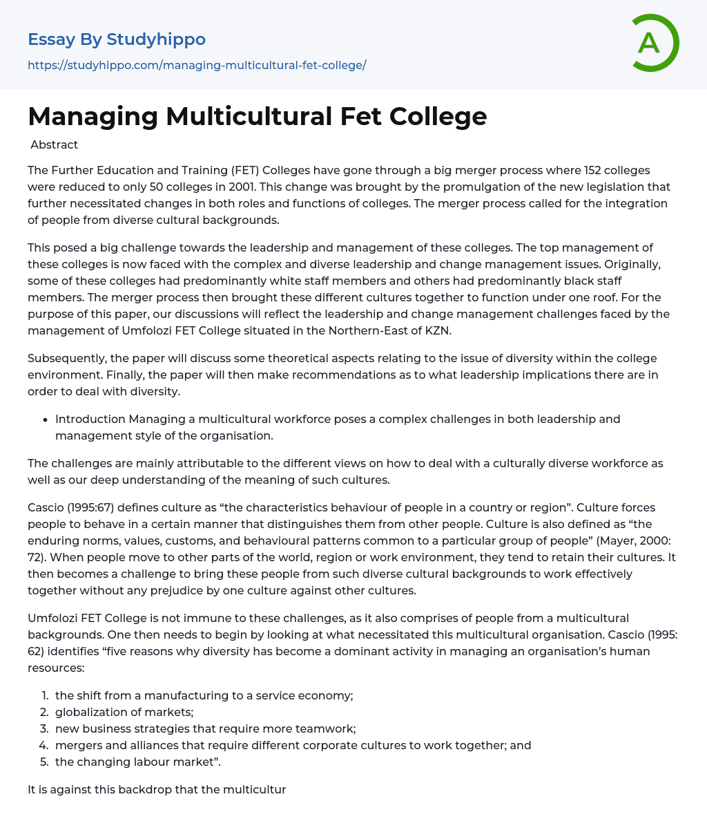 Managing Multicultural Fet College Essay Example
