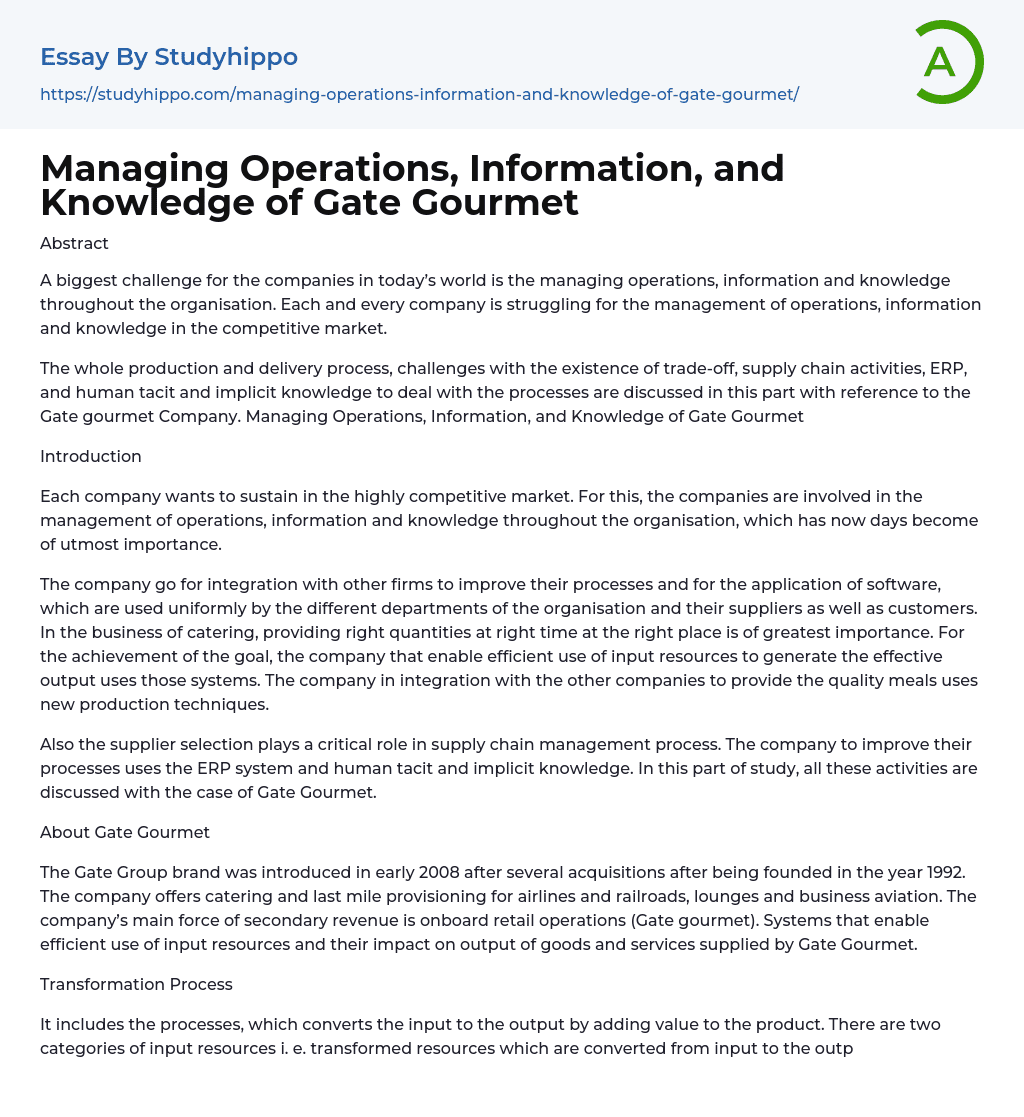 Managing Operations, Information, and Knowledge of Gate Gourmet Essay Example