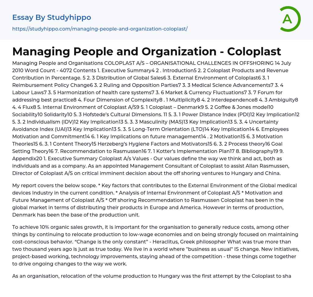 Managing People and Organization – Coloplast Essay Example