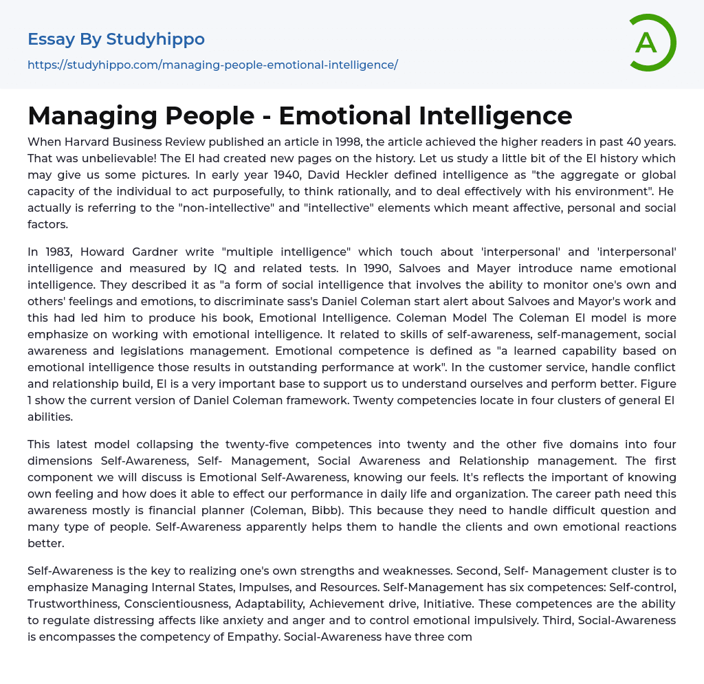 Managing People – Emotional Intelligence Essay Example