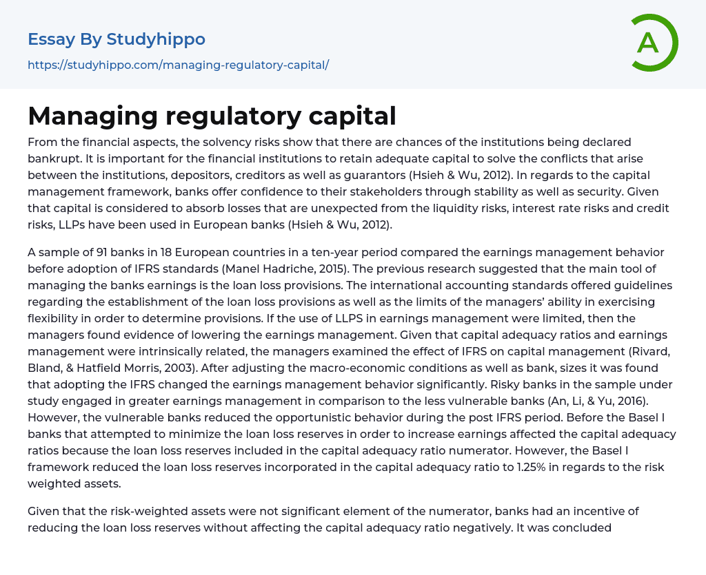 Managing regulatory capital Essay Example
