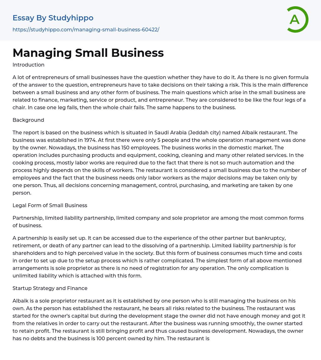 Managing Small Business Essay Example
