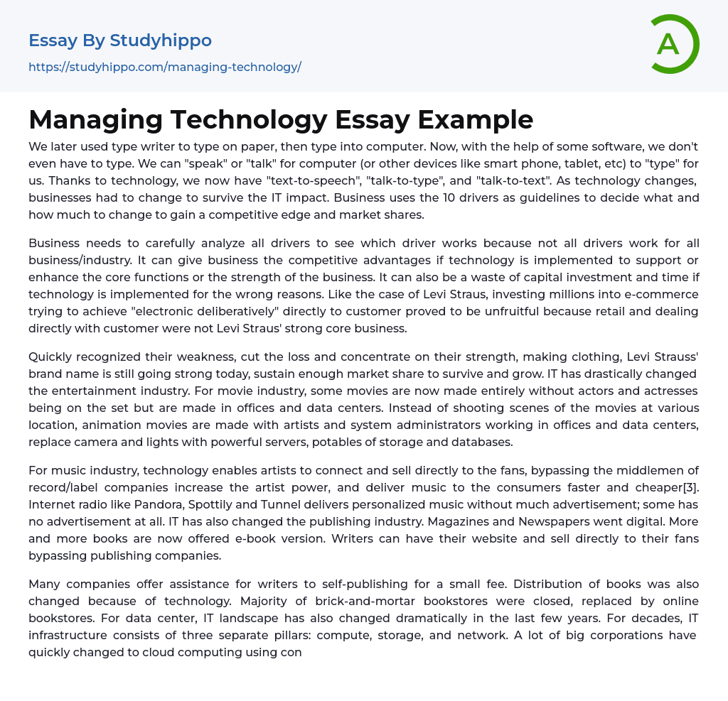 Managing Technology Essay Example