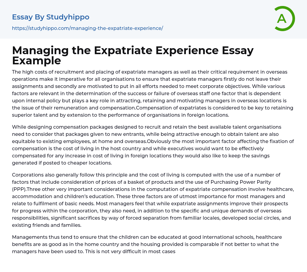 Managing the Expatriate Experience Essay Example