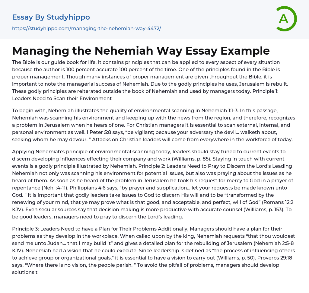 Managing the Nehemiah Way Essay Example