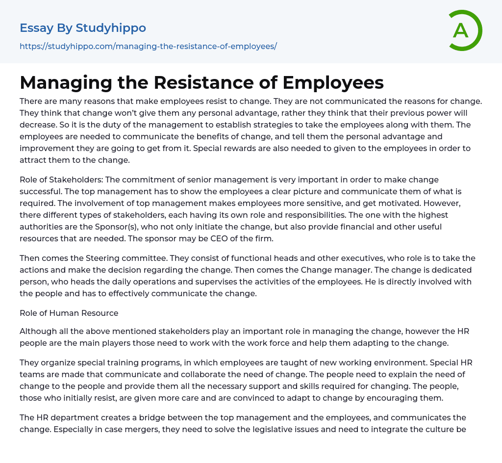 Managing the Resistance of Employees Essay Example