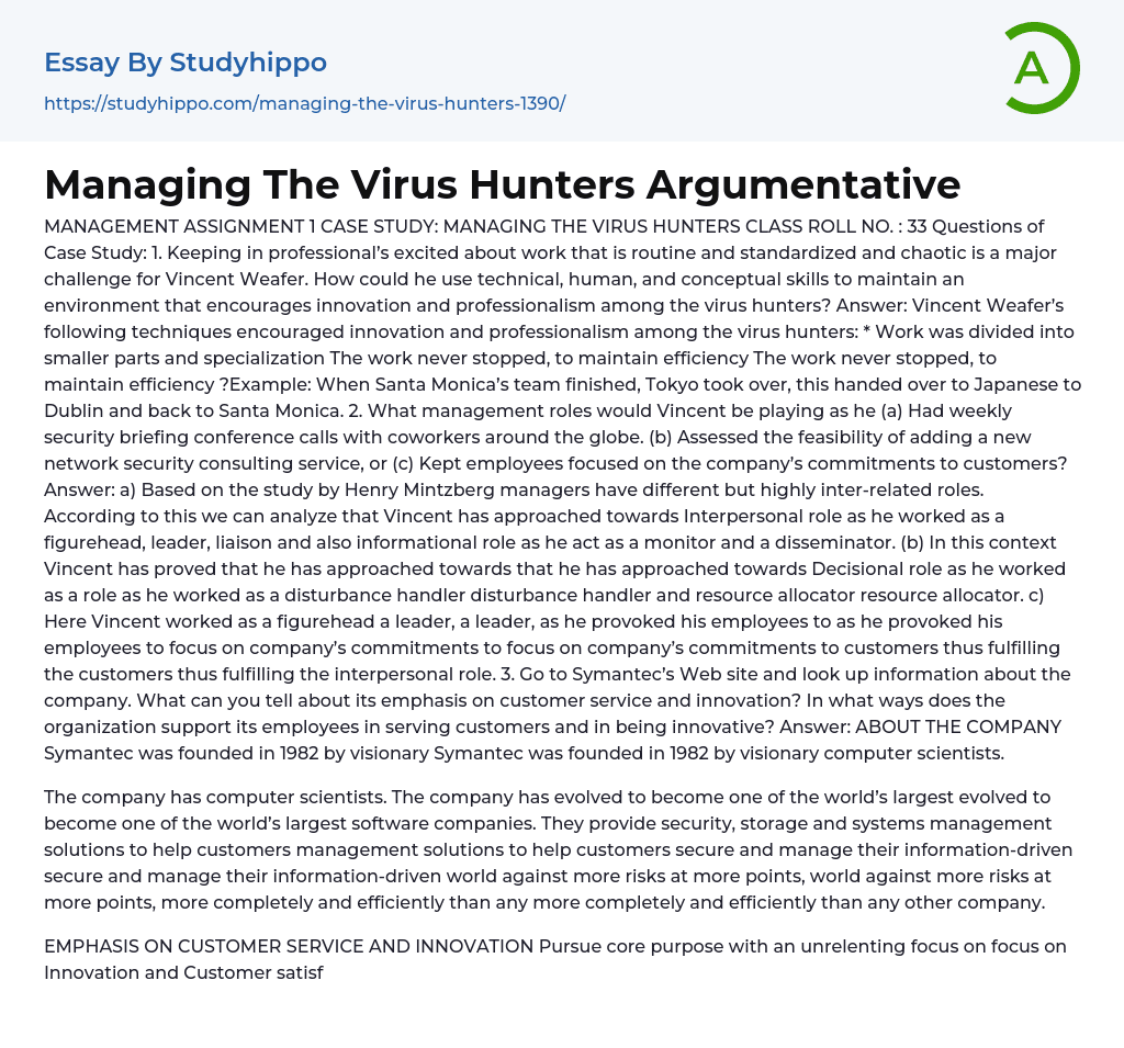 Managing The Virus Hunters Argumentative Essay Example