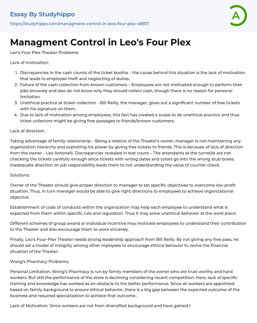 Managment Control in Leo’s Four Plex Essay Example