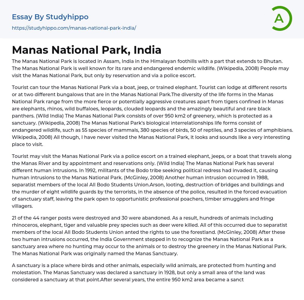Manas National Park, India Essay Example