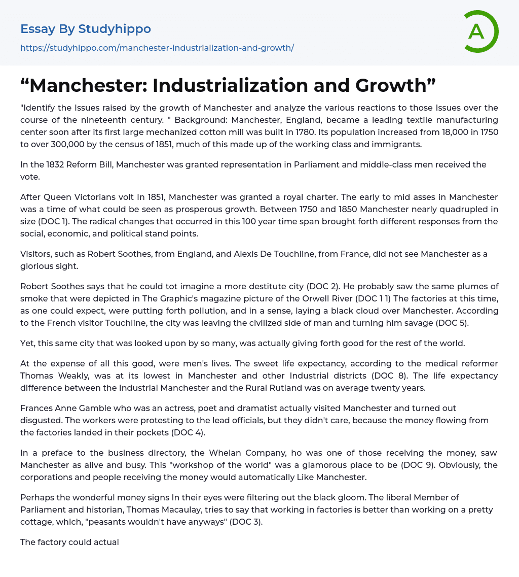 “Manchester: Industrialization and Growth” Essay Example