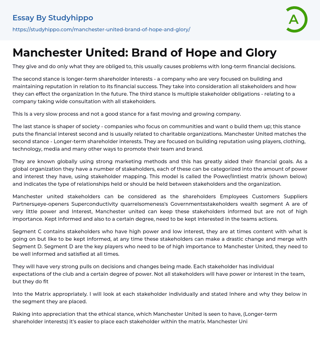Manchester United: Brand of Hope and Glory Essay Example