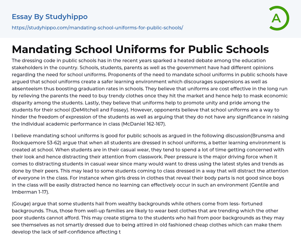 Mandating School Uniforms for Public Schools Essay Example