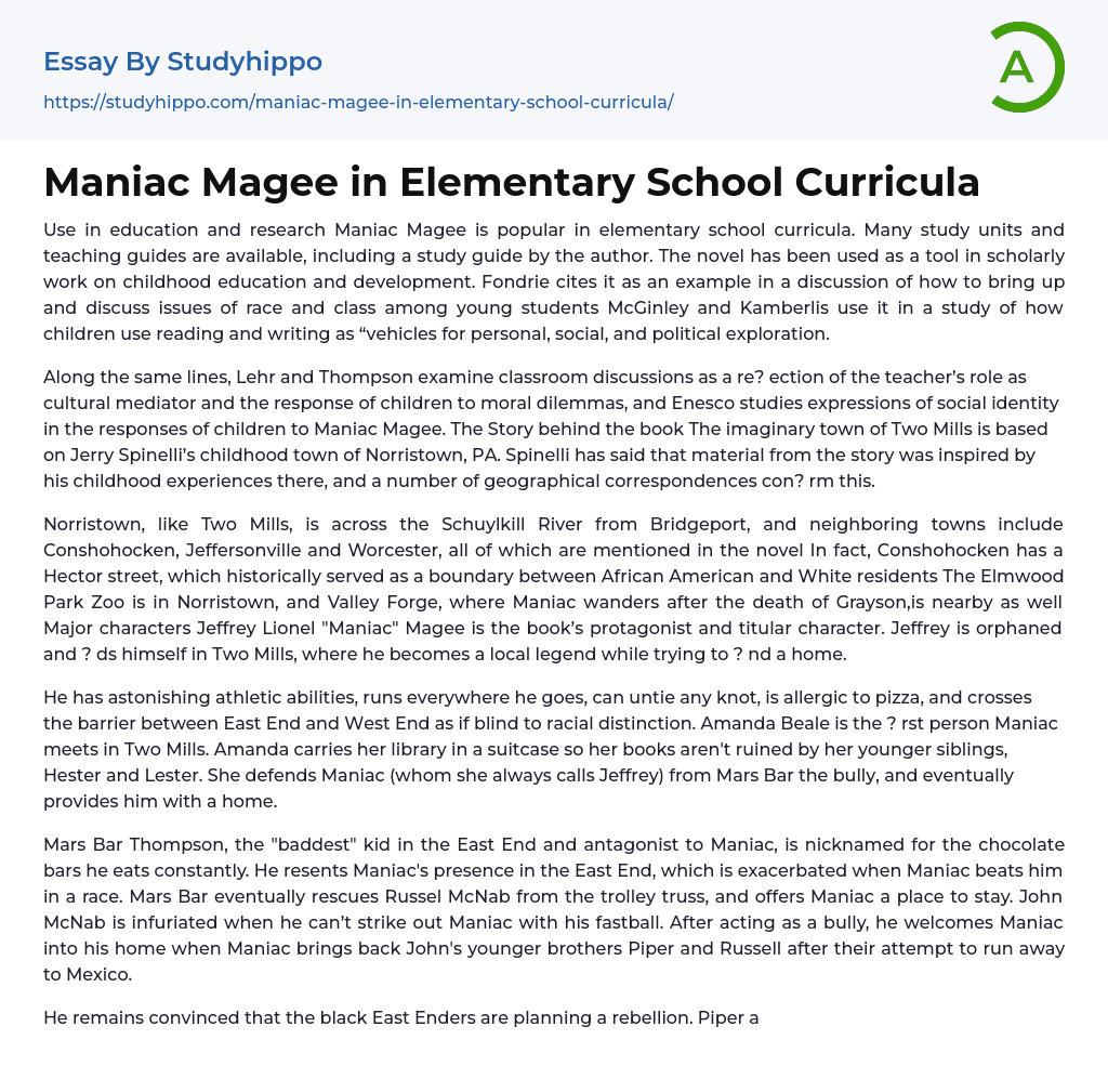 Maniac Magee in Elementary School Curricula Essay Example