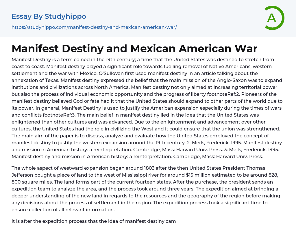 Manifest Destiny and Mexican American War Essay Example