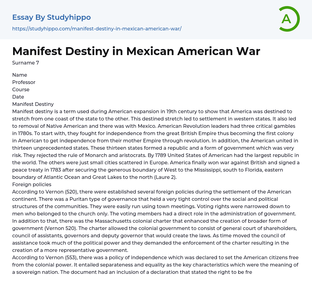 Manifest Destiny in Mexican American War Essay Example