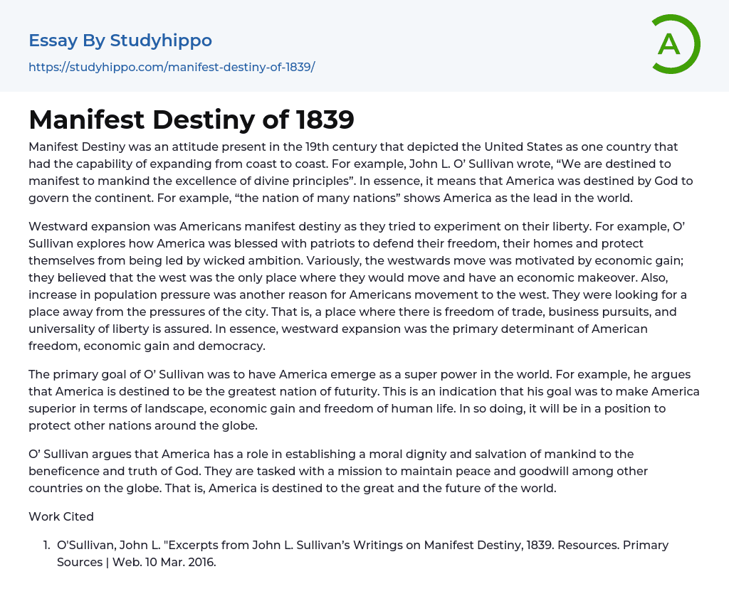 Manifest Destiny of 1839 Essay Example