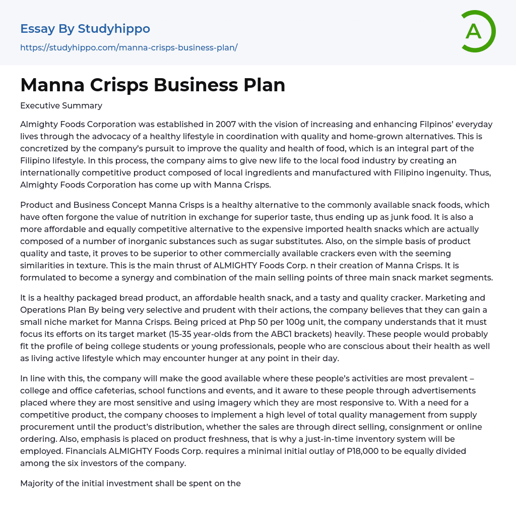 Manna Crisps Business Plan Essay Example