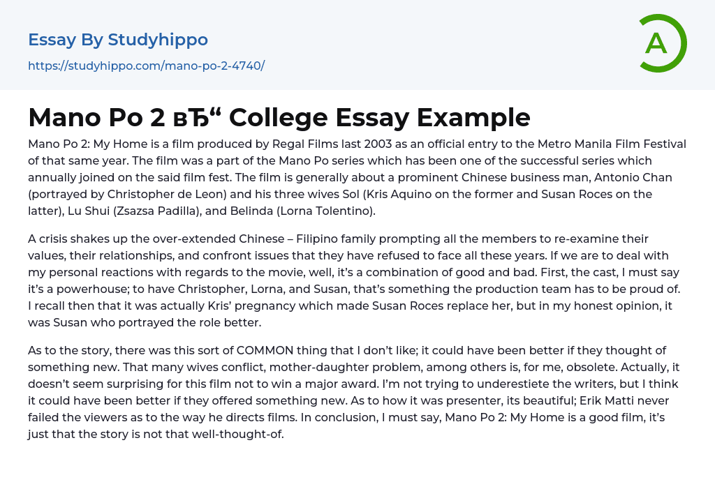 Mano Po 2 College Essay Example