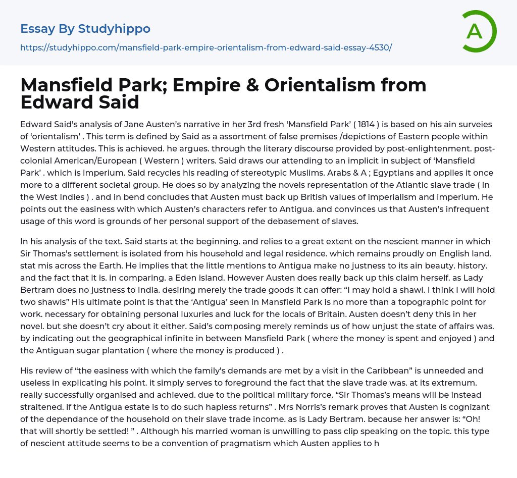 Mansfield Park; Empire & Orientalism from Edward Said Essay Example