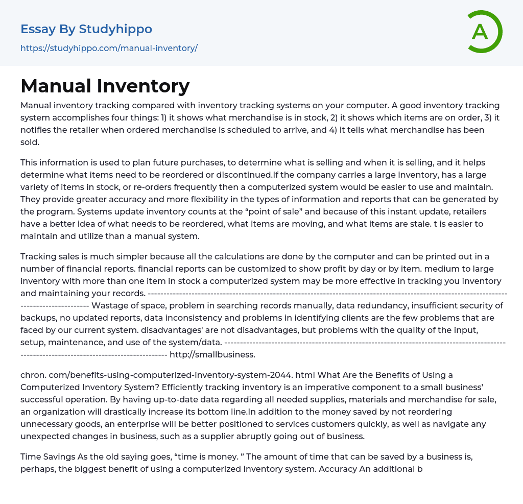 Manual Inventory Tracking Compared with Inventory Tracking Systems on Computer Essay Example