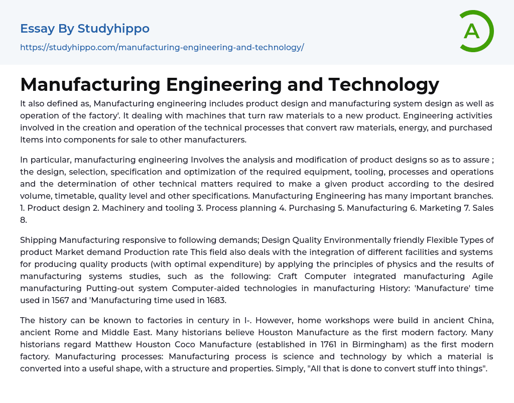 Manufacturing Engineering and Technology Essay Example