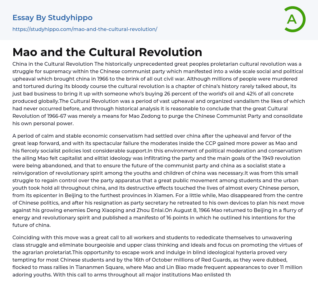 Mao and the Cultural Revolution Essay Example
