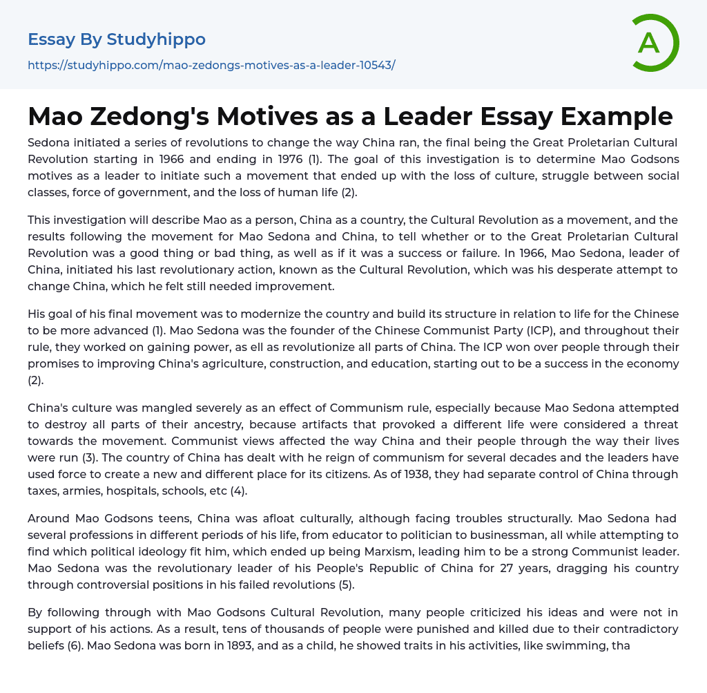 Mao Zedong’s Motives as a Leader Essay Example