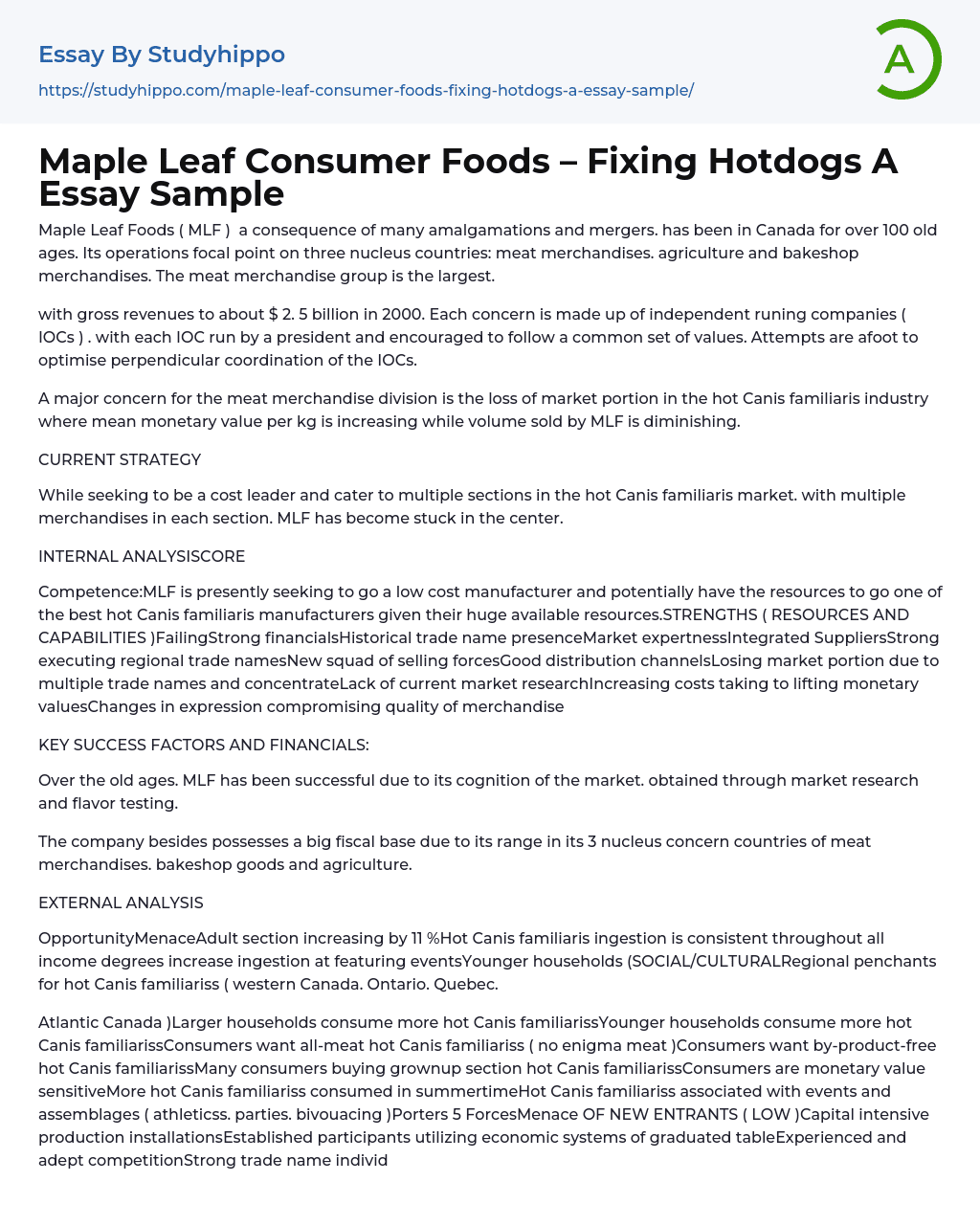Maple Leaf Consumer Foods – Fixing Hotdogs A Essay Sample