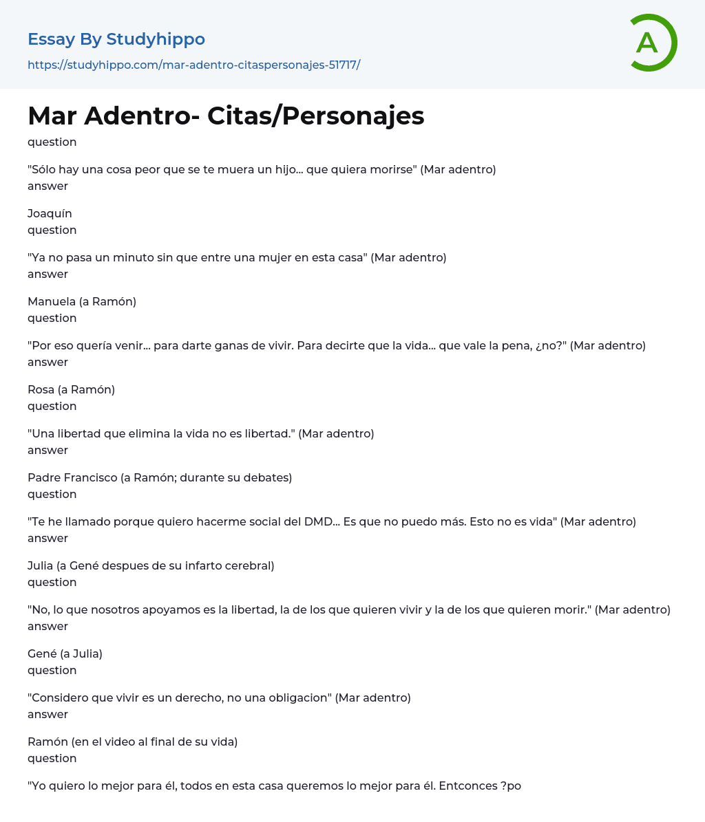 Mar Adentro- Citas/Personajes Essay Example