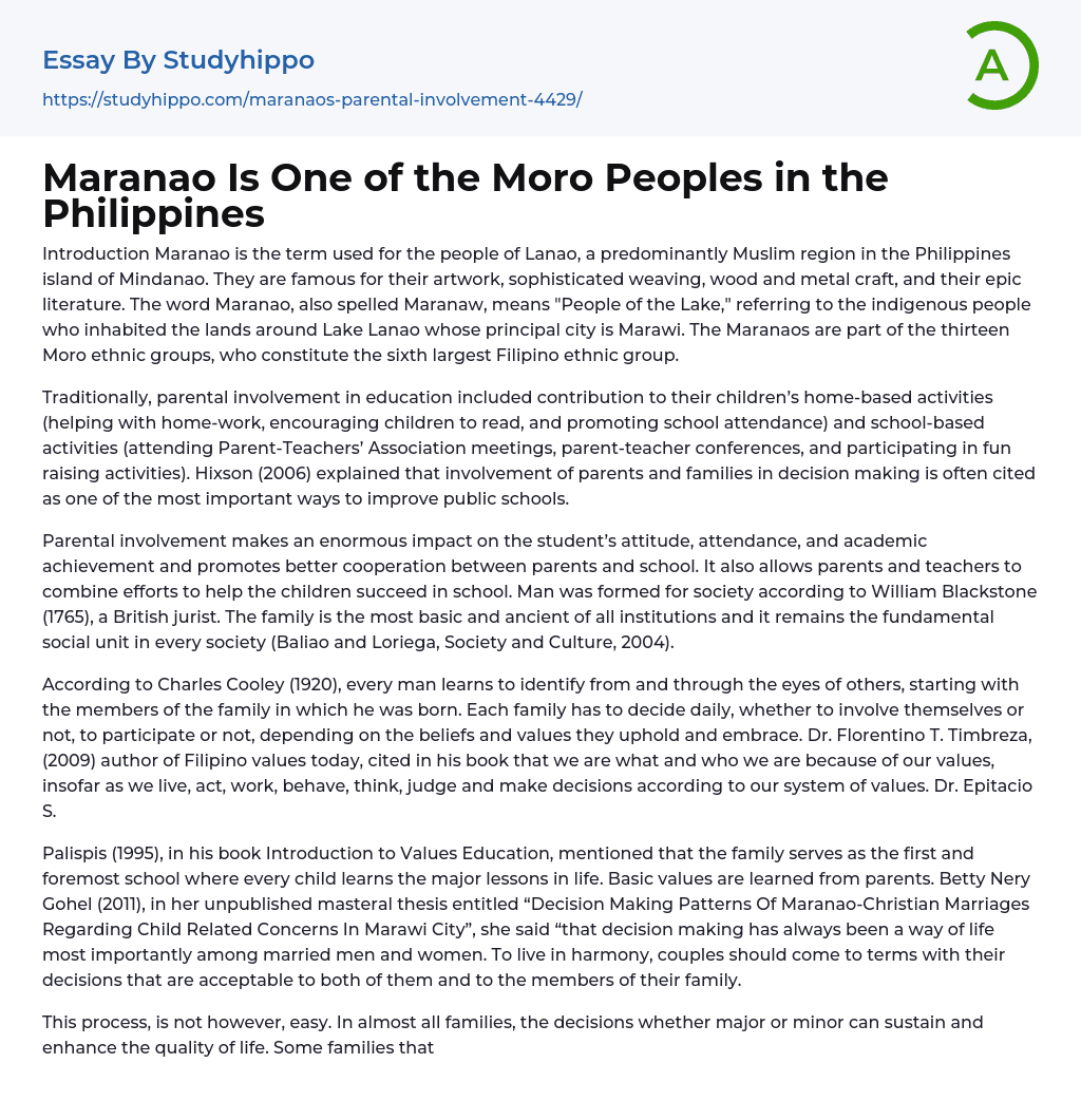 Maranao Is One of the Moro Peoples in the Philippines Essay Example