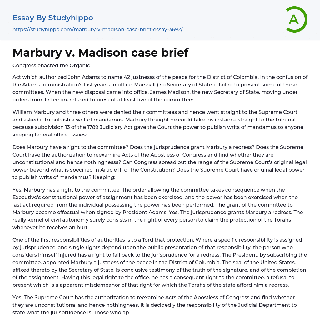Marbury v. Madison case brief Essay Example