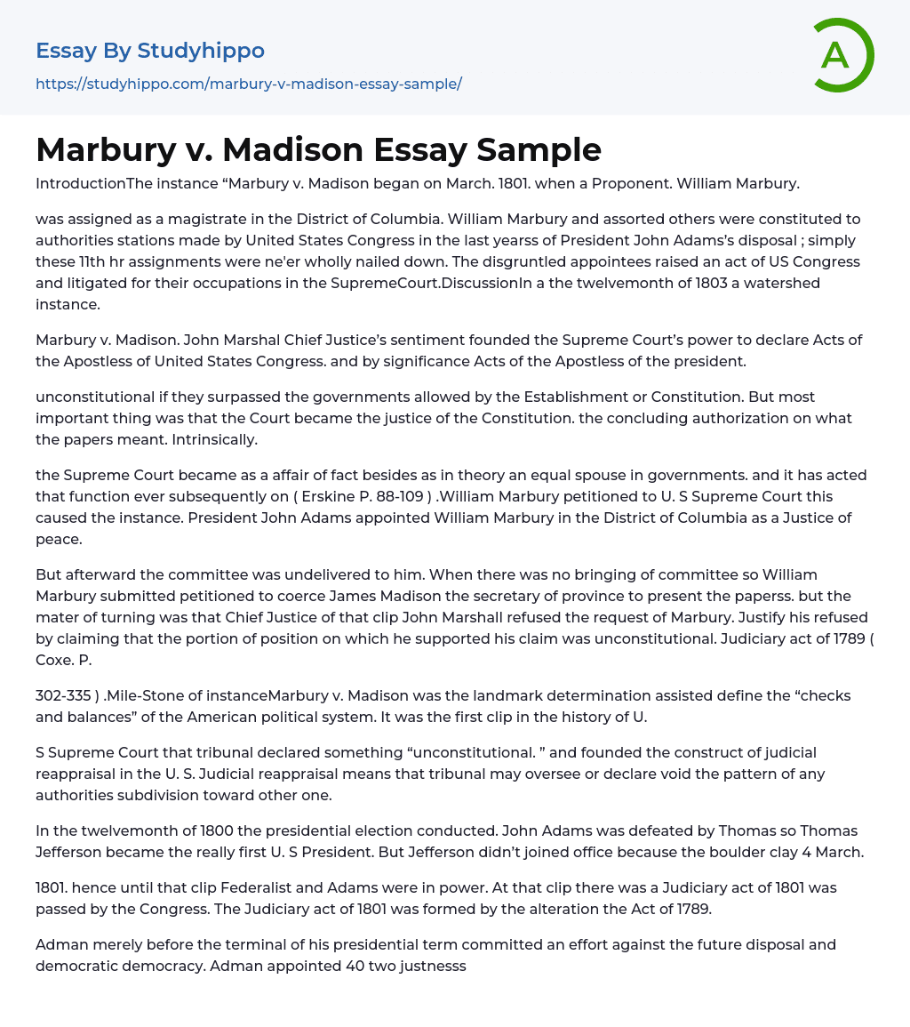 Marbury v. Madison Essay Sample