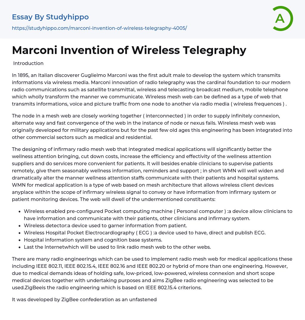 Marconi Invention of Wireless Telegraphy Essay Example