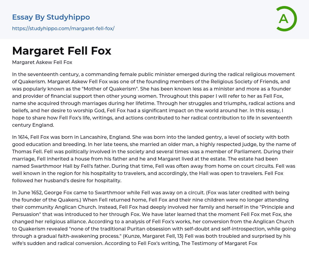 Margaret Fell Fox Essay Example